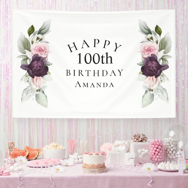 Elegant Watercolor Botanical 100th Birthday Banner (Party)