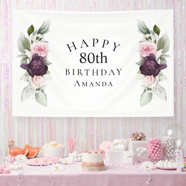 Elegant Watercolor Botanical 80th Birthday Banner (Party)