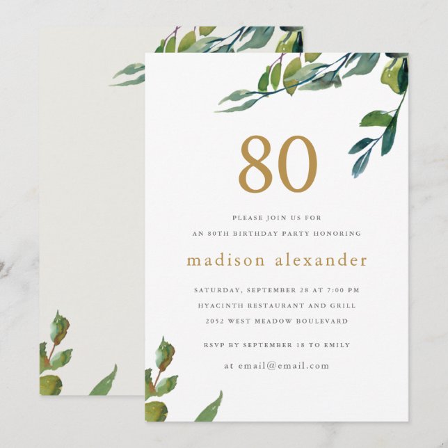 Elegant Watercolor Botanical 80th Birthday Invitation (Front/Back)