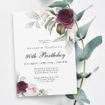 Elegant Watercolor Botanical 90th Birthday Invitation<br><div class="desc">Celebrate a special 90th birthday milestone birthday with this beautiful party invitation with featuring floral borders in burgundy and pink roses on each side of the elegantly placed text. Colours include pale blush pink, deep burgundy red and plum mixed with ethereal greenery and tiny white accent flowers. Personalize the text...</div>