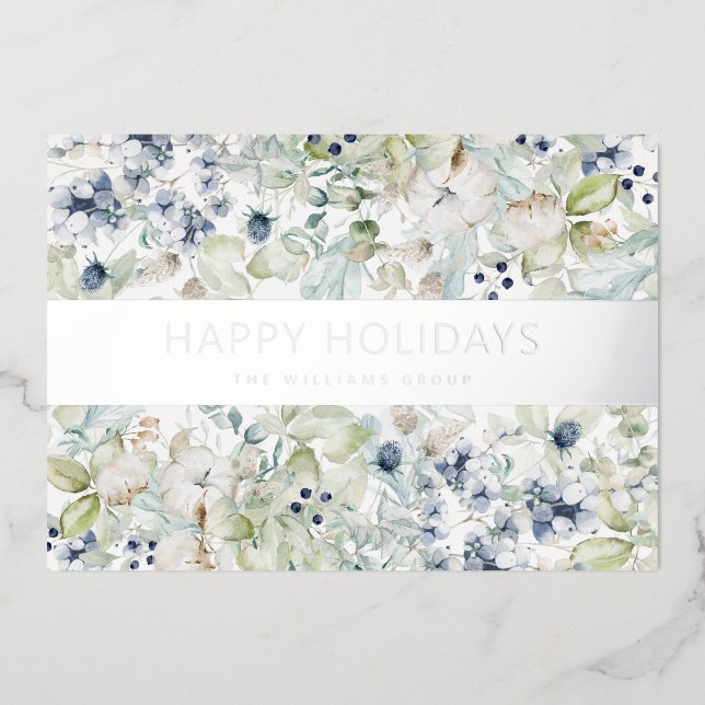 Elegant Watercolor Botanical Business Foil Holiday Card (Front)