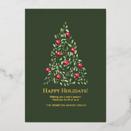 Elegant Watercolor Botanical Christmas Tree Gold Foil Holiday Card