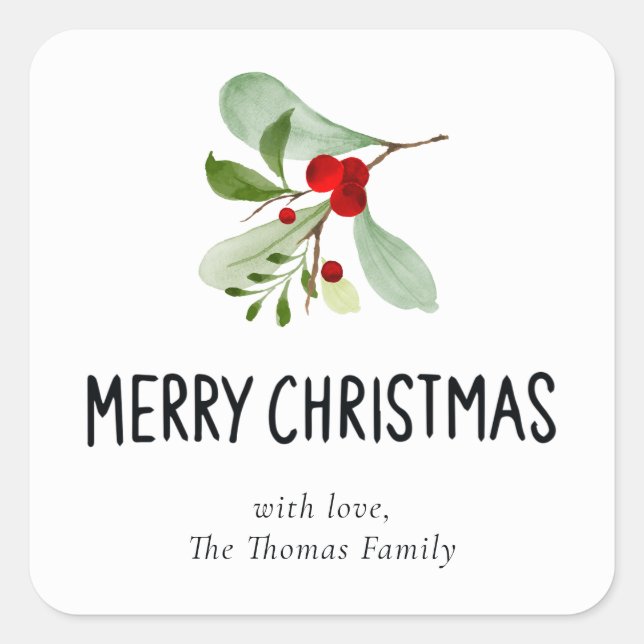 Elegant Watercolor Botanical Festive Christmas Square Sticker (Front)
