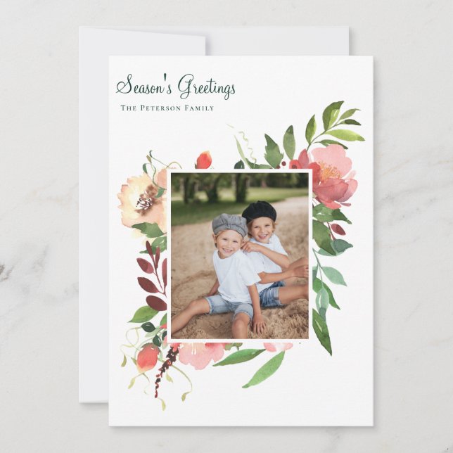 Elegant Watercolor Botanical Floral Photo Holiday Card (Front)