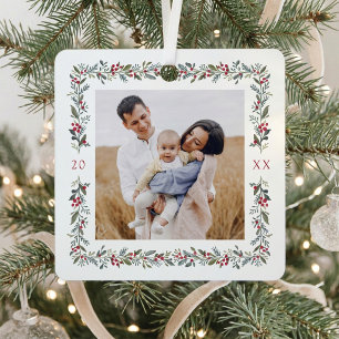 Elegant Watercolor Botanical Frame Christmas Photo Metal Ornament