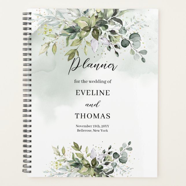 Elegant watercolor botanical green eucalyptus gold planner (Front)