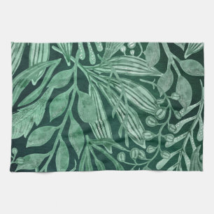 Elegant Watercolor Botanical Green Leaves Artwork Kitchen Towel
