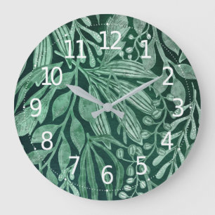 Elegant Watercolor Botanical Green Leaves Artwork Large Clock