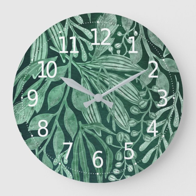 Elegant Watercolor Botanical Green Leaves Artwork Large Clock (Front)