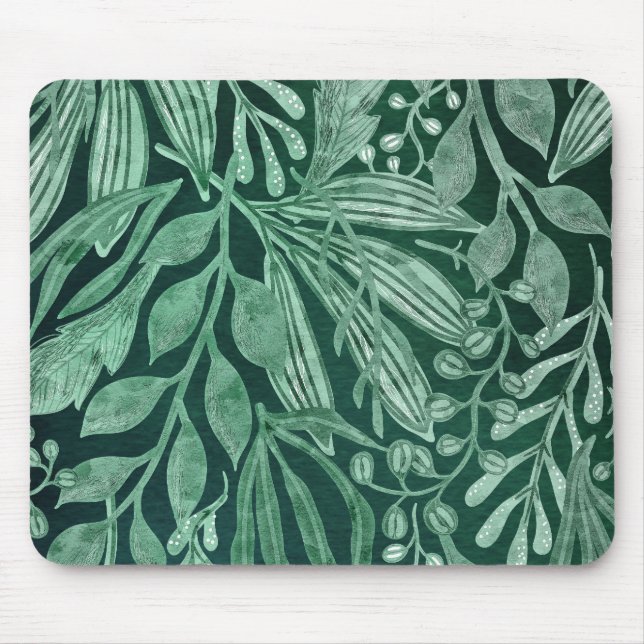 Elegant Watercolor Botanical Green Leaves Artwork Mouse Pad (Front)