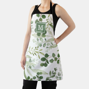 Elegant Watercolor Botanical Greenery Monogram Apron