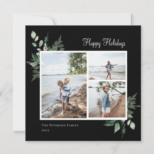 Elegant Watercolor Botanical Greenery Photo Holiday Card (Front)