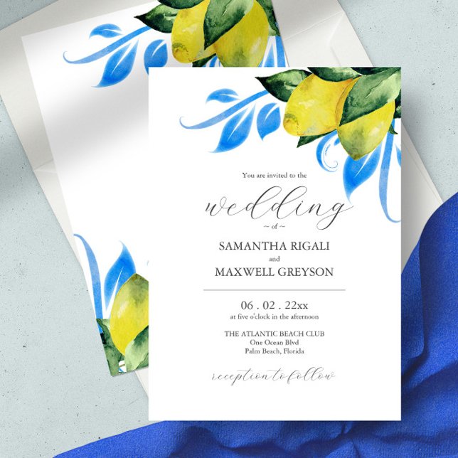 Elegant Watercolor Botanical Lemon Mediterranean Invitation (Italian wedding invitation yellow and blue watercolor lemons)