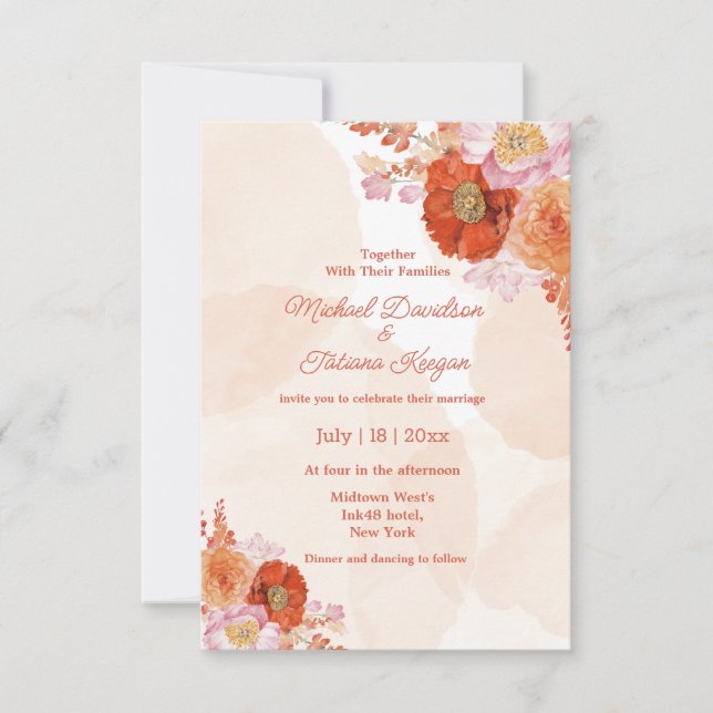 elegant watercolor botanical orange chic wedding invitation (Front)