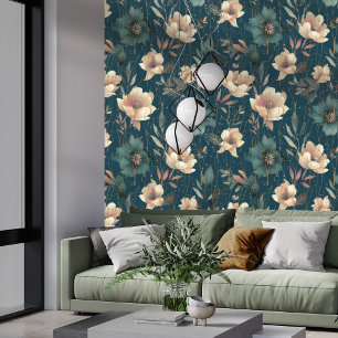 Elegant Watercolor Botanical Pattern Dark Blue Wallpaper