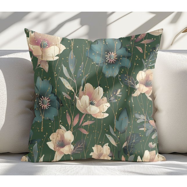 Elegant Watercolor Botanical Pattern Dark Green Throw Pillow (Creator Uploaded)