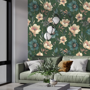 Elegant Watercolor Botanical Pattern Dark Green Wallpaper