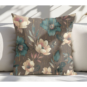Elegant Watercolor Botanical Pattern Mocha  Throw Pillow