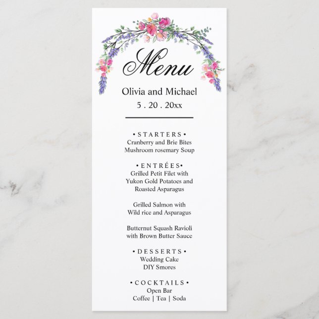 Elegant watercolor botanical pink roses lavender  menu (Front)