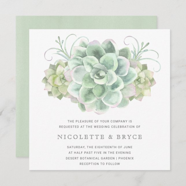 Elegant Watercolor Botanical Succulent Wedding Invitation (Front/Back)