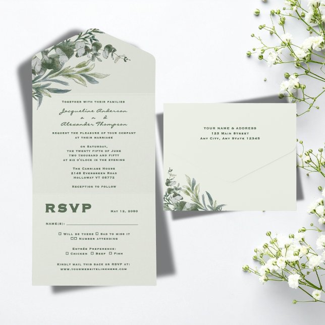 Elegant Watercolor Botanical Wedding  All In One Invitation (Watercolor Botanical Garden Wedding All In One Invitation)
