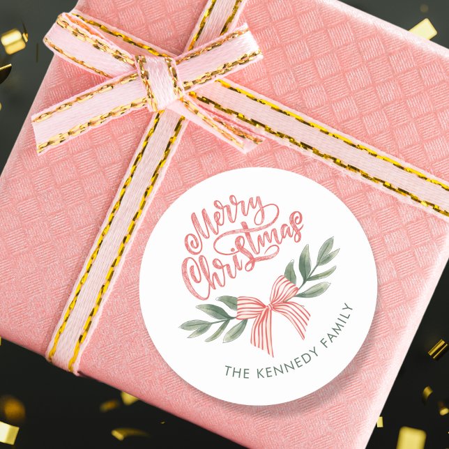 Elegant Watercolor Bow Pink Merry Christmas  Classic Round Sticker (Creator Uploaded)