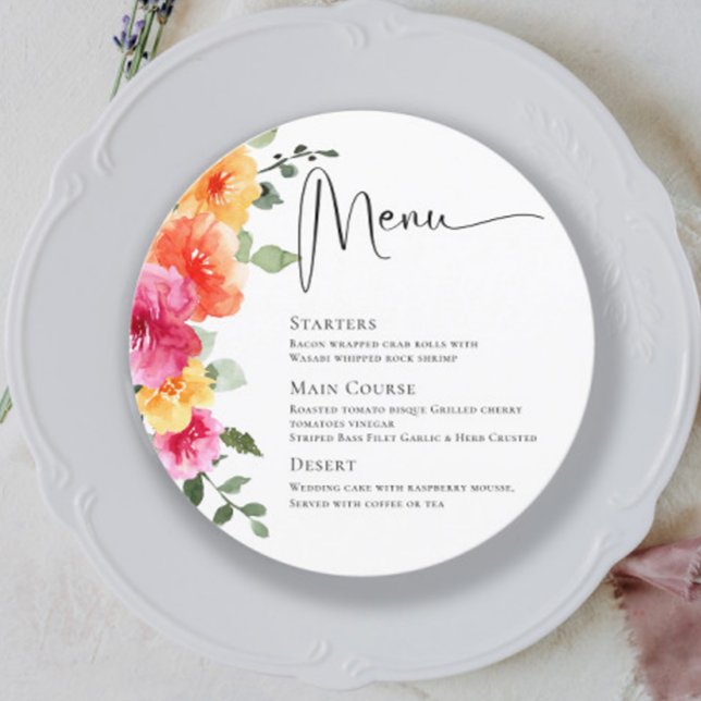 Elegant Watercolor Bright Flowers Wedding Dinner Menu (Creator Uploaded)