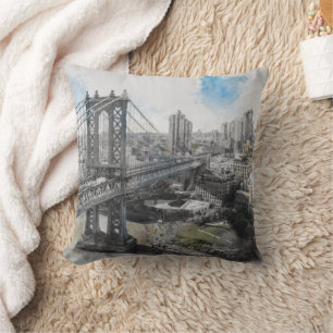 Elegant Watercolor Brooklyn Bridge NYC Throw Pillow