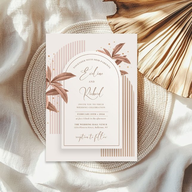 Elegant watercolor brown leaves boho arch gold invitation (Elegant watercolor brown leaves boho arch gold invitation)