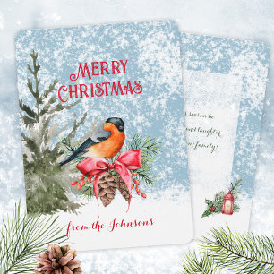 Elegant Watercolor Bullfinch Winter Bird Holiday Card