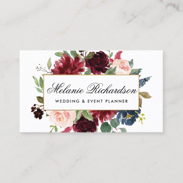 Elegant Watercolor Burgundy Blue Business Card (Front)