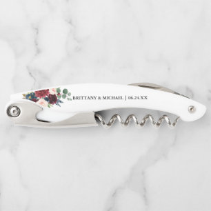 Elegant Watercolor Burgundy Blue Floral Wedding Corkscrew