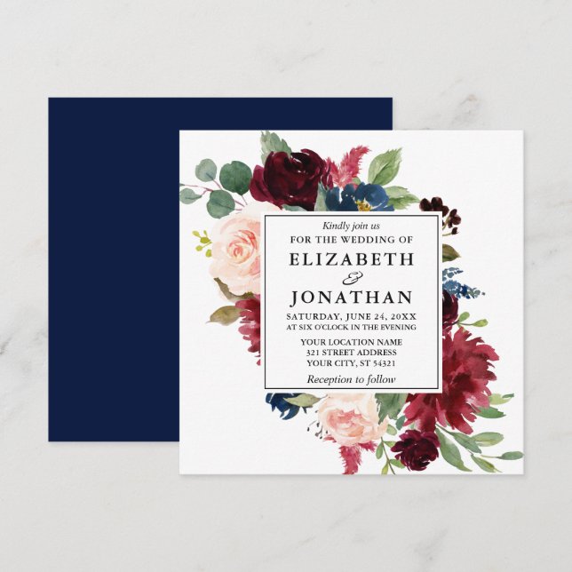 Elegant Watercolor Burgundy Blue Floral Wedding Sq Invitation (Front/Back)