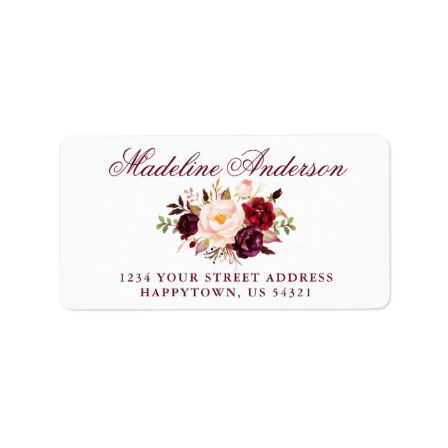 Elegant Watercolor Burgundy Floral Address Label (Front)