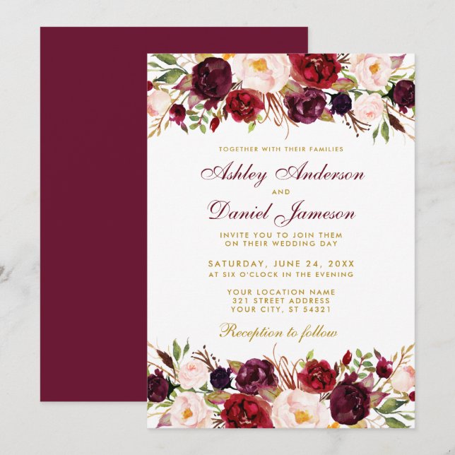 Elegant Watercolor Burgundy Floral Gold Wedding Invitation (Front/Back)
