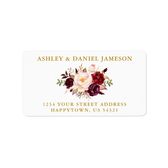 Elegant Watercolor Burgundy Floral Gold Wedding Label (Front)
