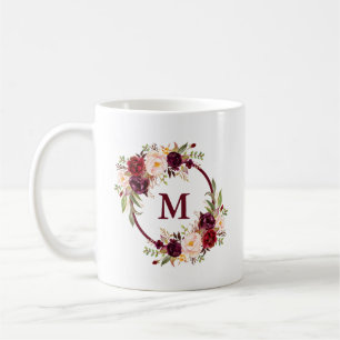 Elegant Watercolor Burgundy Floral Monogram Coffee Mug