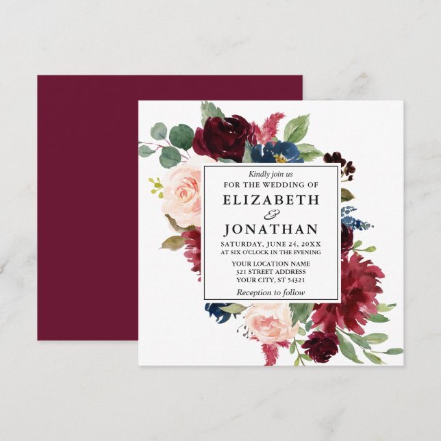 Elegant Watercolor Burgundy Floral Wedding Square Invitation (Front/Back)
