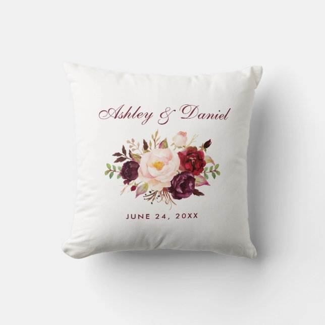 Elegant Watercolor Burgundy Floral Wedding Throw Pillow (Front)