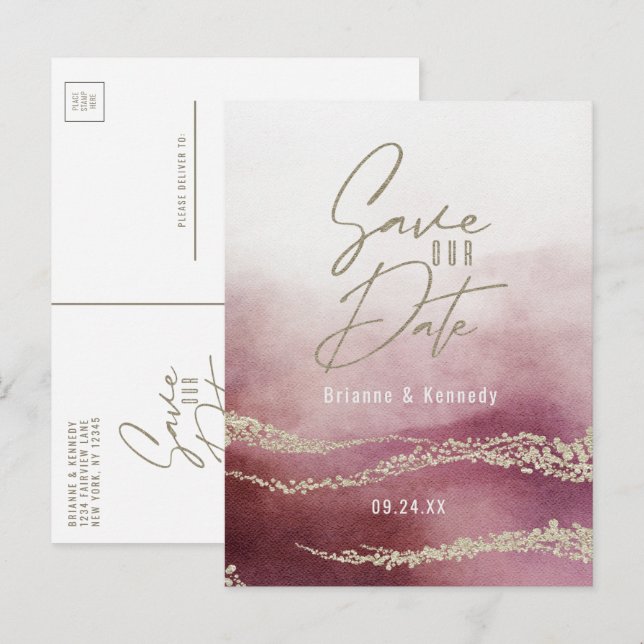 Elegant Watercolor Burgundy & Gold Save the Date Announcement Postcard (Front/Back)