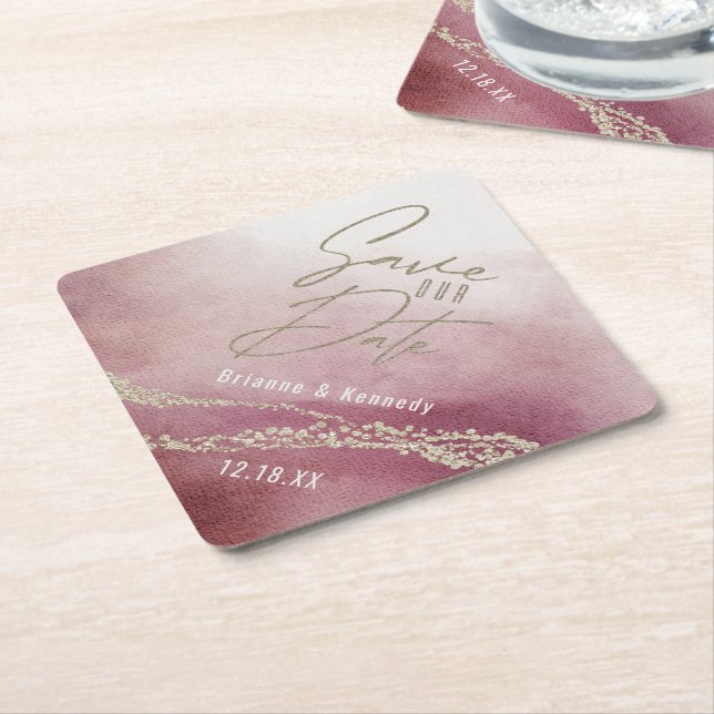 Elegant Watercolor Burgundy & Gold Save the Date Paper Coaster (Angled)