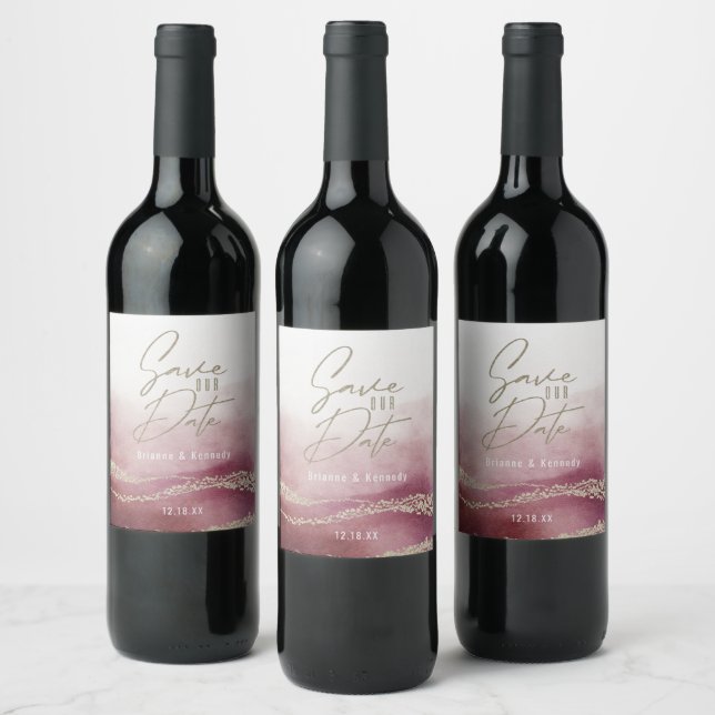 Elegant Watercolor Burgundy & Gold Save the Date Wine Label (Bottles)
