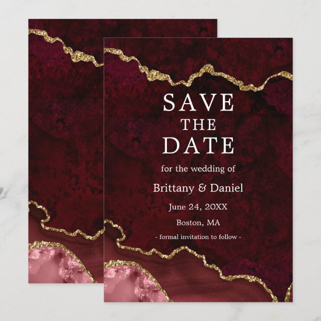 Elegant Watercolor Burgundy Marble Agate Geode Save The Date (Front/Back)