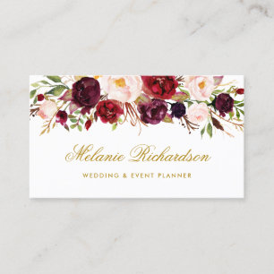 Elegant Watercolor Burgundy Marsala Floral Gold Business Card