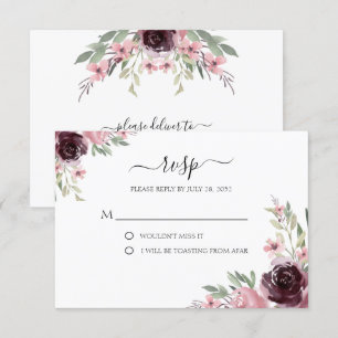 Elegant Watercolor Burgundy Mauve Greenery  RSVP Card