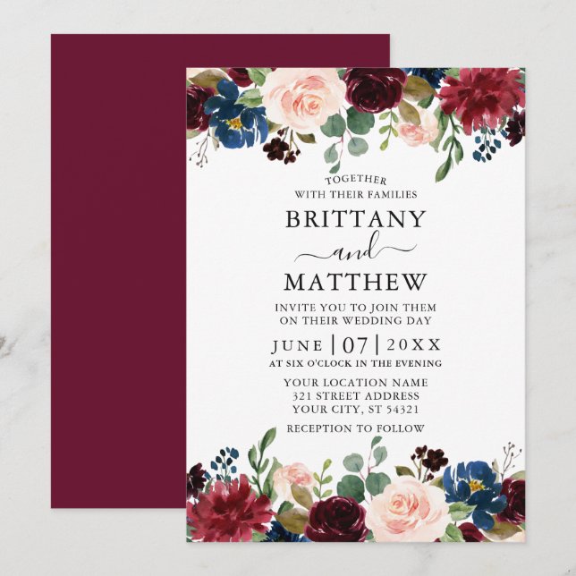Elegant Watercolor Burgundy Mixed Floral Wedding Invitation (Front/Back)