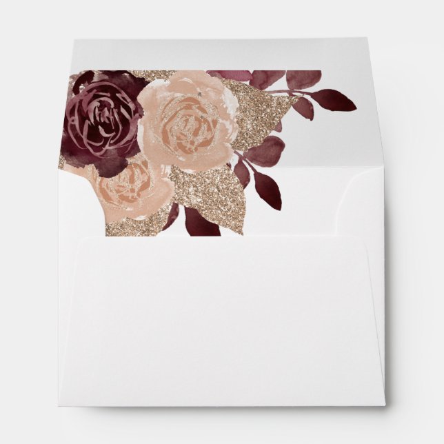 Elegant Watercolor Burgundy Pink Glittery Floral Envelope (Back (Bottom))