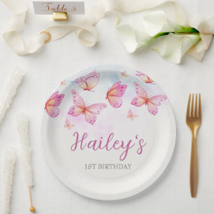 Elegant Watercolor Butterfly Girl 1st Birthday Paper Plate