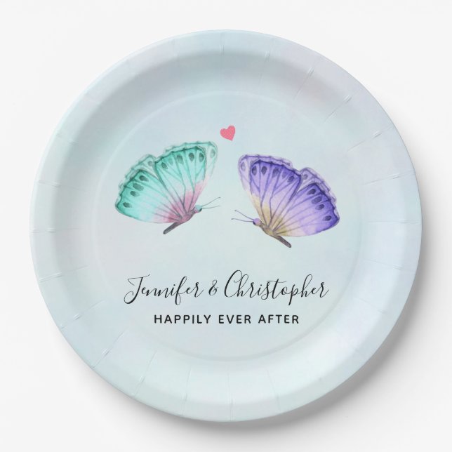 Elegant Watercolor Butterfly Pair Wedding Paper Plate (Front)