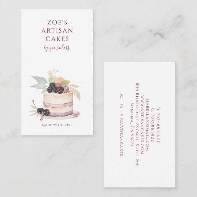 Elegant Watercolor Cake Bakery Pastry Chef Business Card (Front/Back)